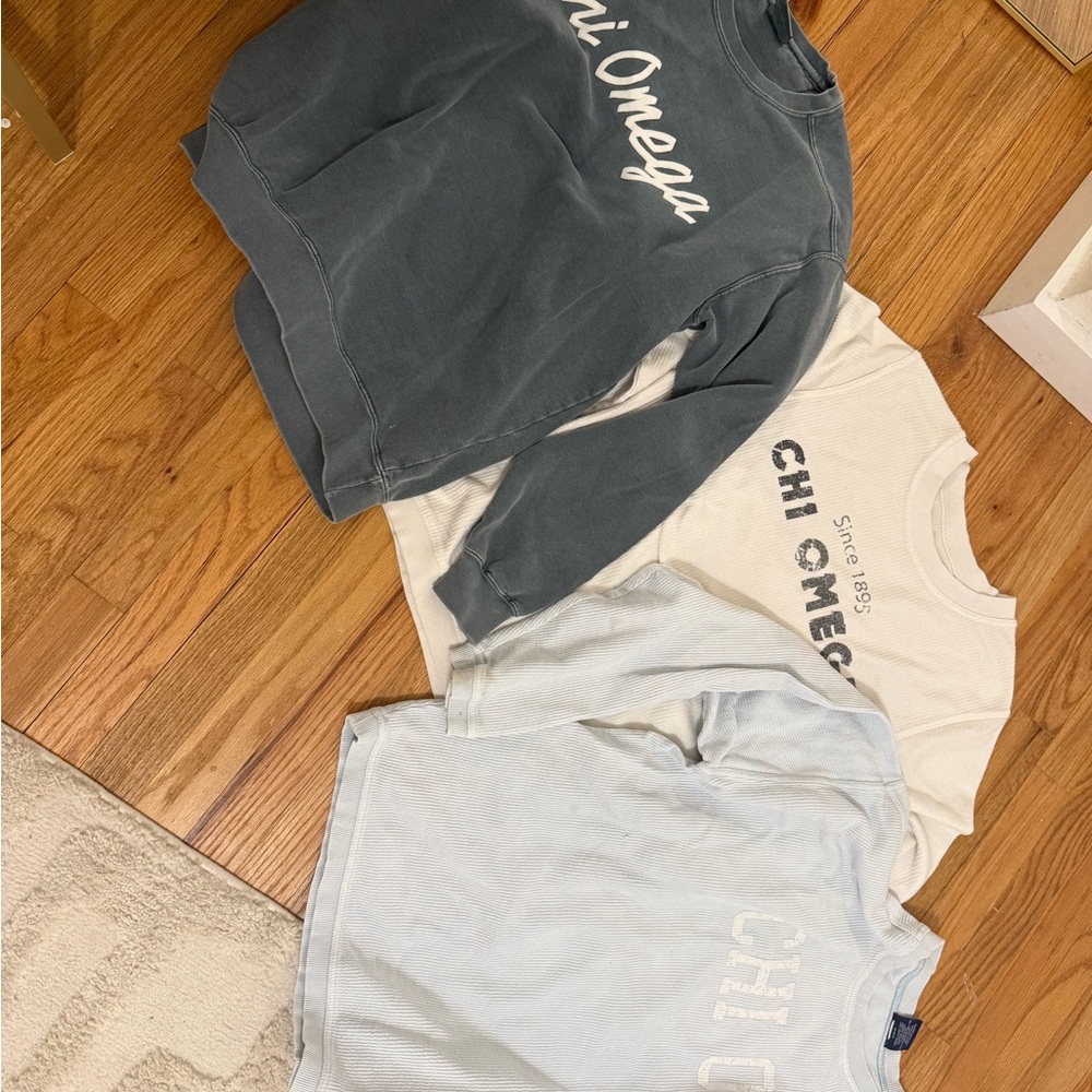 Chi Omega Sweatshirts Trio - Gray, Cream, and Light Blue